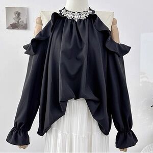 halter top long sleeve cold shoulder sequin neckline ruffled collared blouse